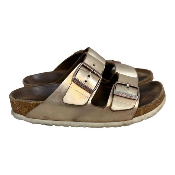 Birkenstock Arizona Soft Footbed Metallic Rose Gold Leather Sandals Size 37 - Picture 1 of 8